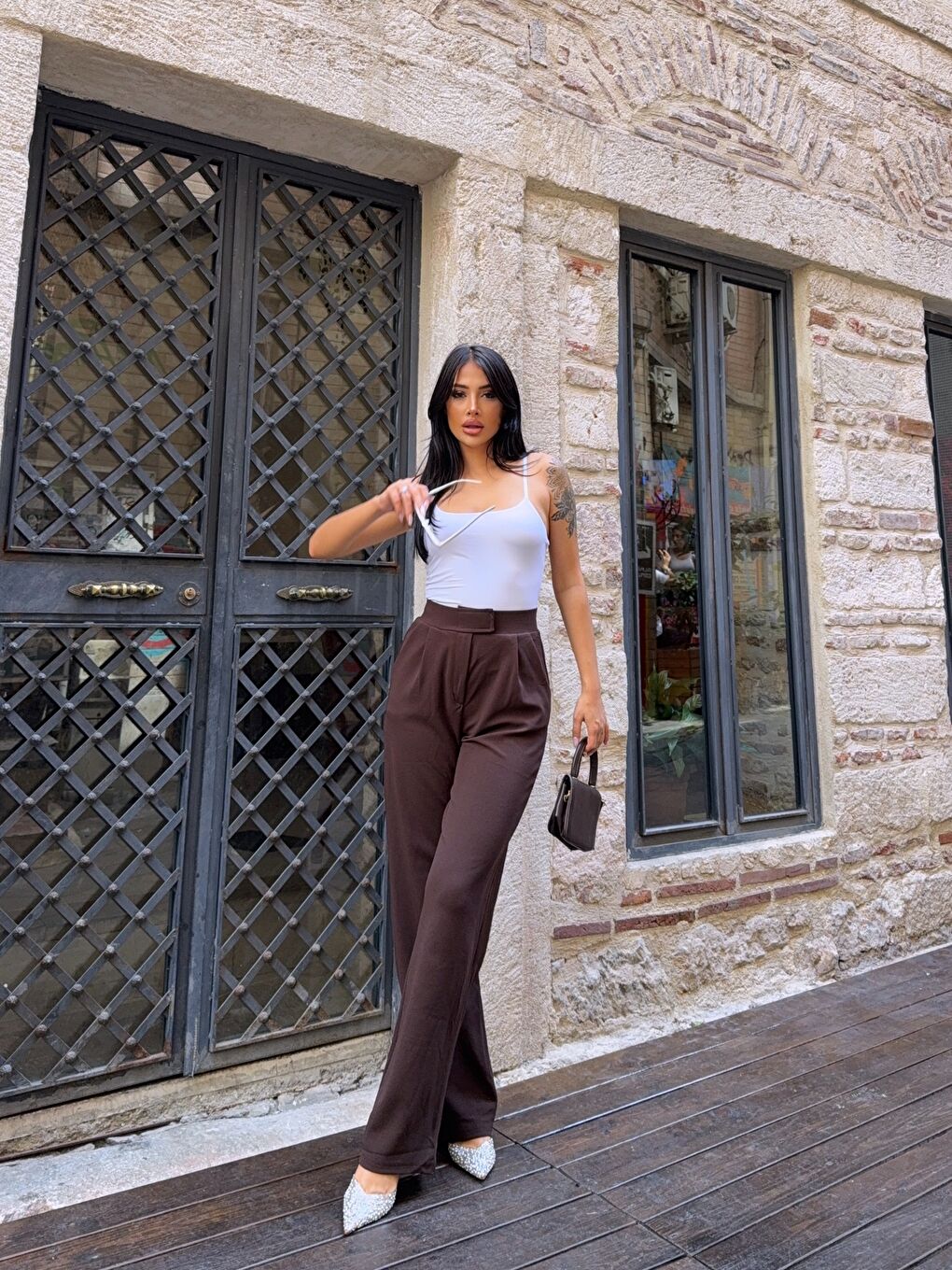 Kahverengi Elastanlı Cırtlı Palazzo Pantolon-2