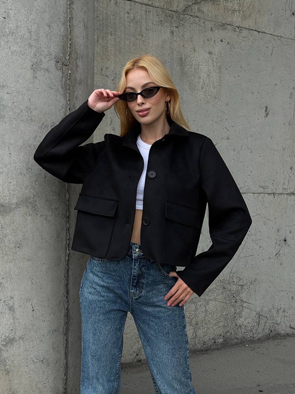 Siyah Süet Düğmeli Ceket-1