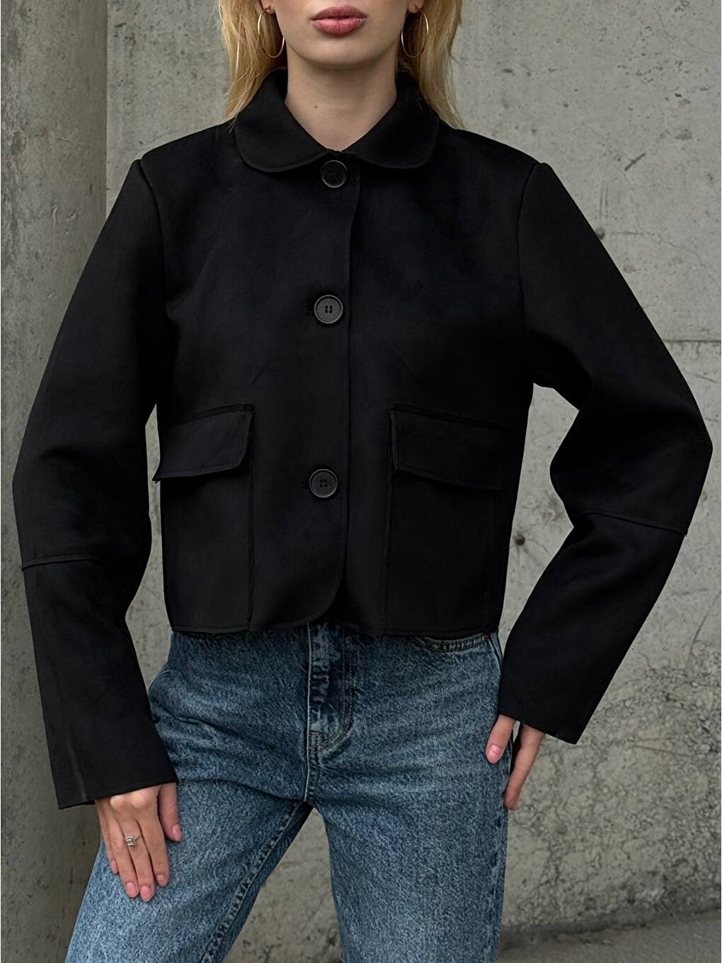 Siyah Süet Düğmeli Ceket-4