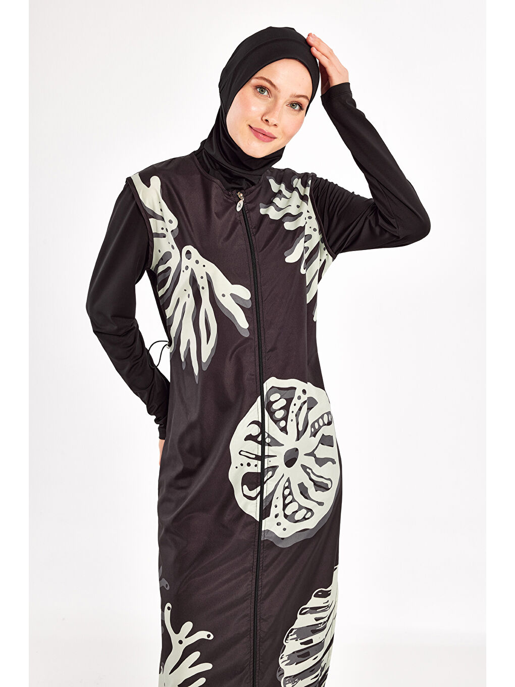 Gri Uzun Tam Boy Tam Kapalı Tesettür Mayo Here 1308 Siyah-1