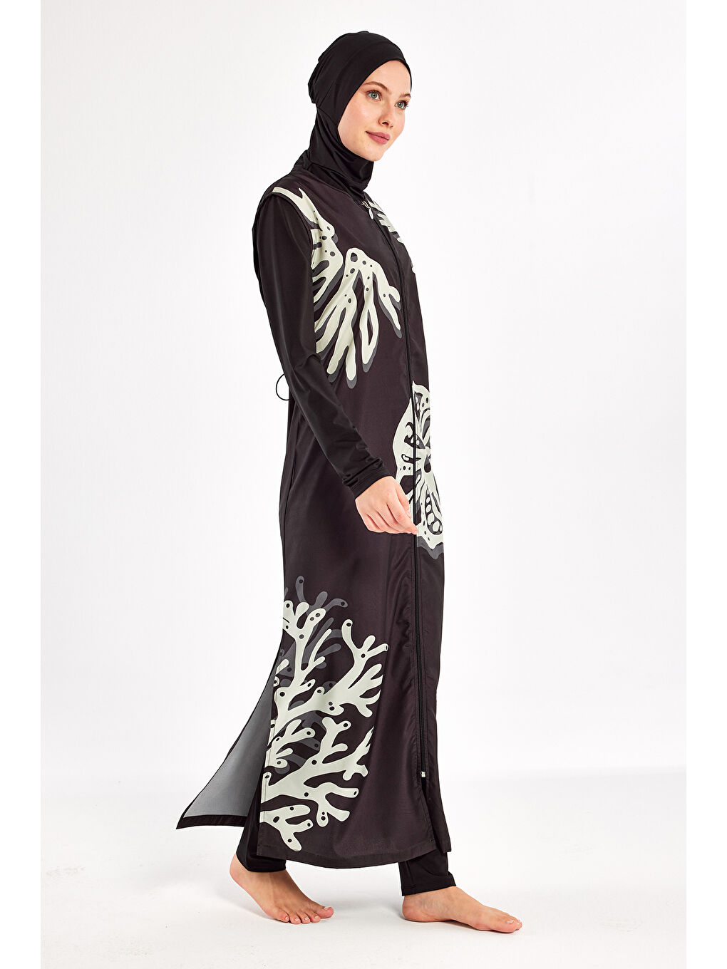 Gri Uzun Tam Boy Tam Kapalı Tesettür Mayo Here 1308 Siyah-4