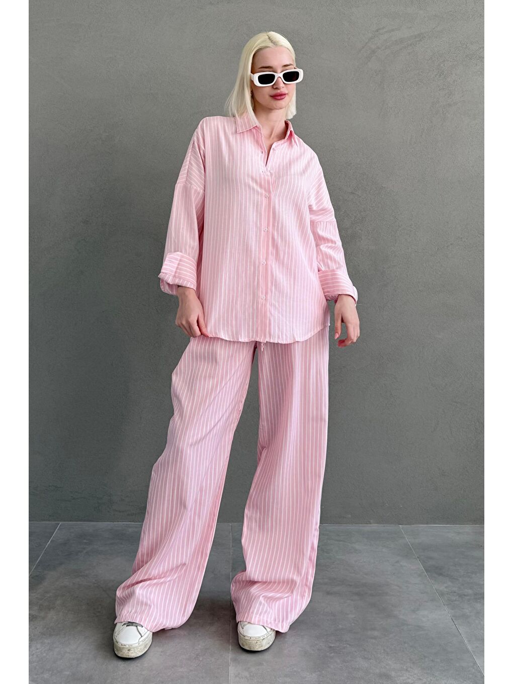 Pembe Çizgili Gömlek Pantolon Kadın Takım Mg2457
