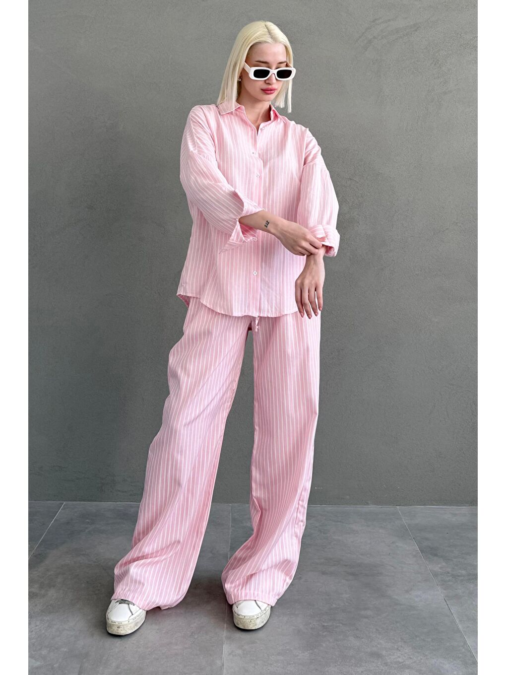Pembe Çizgili Gömlek Pantolon Kadın Takım Mg2457-1