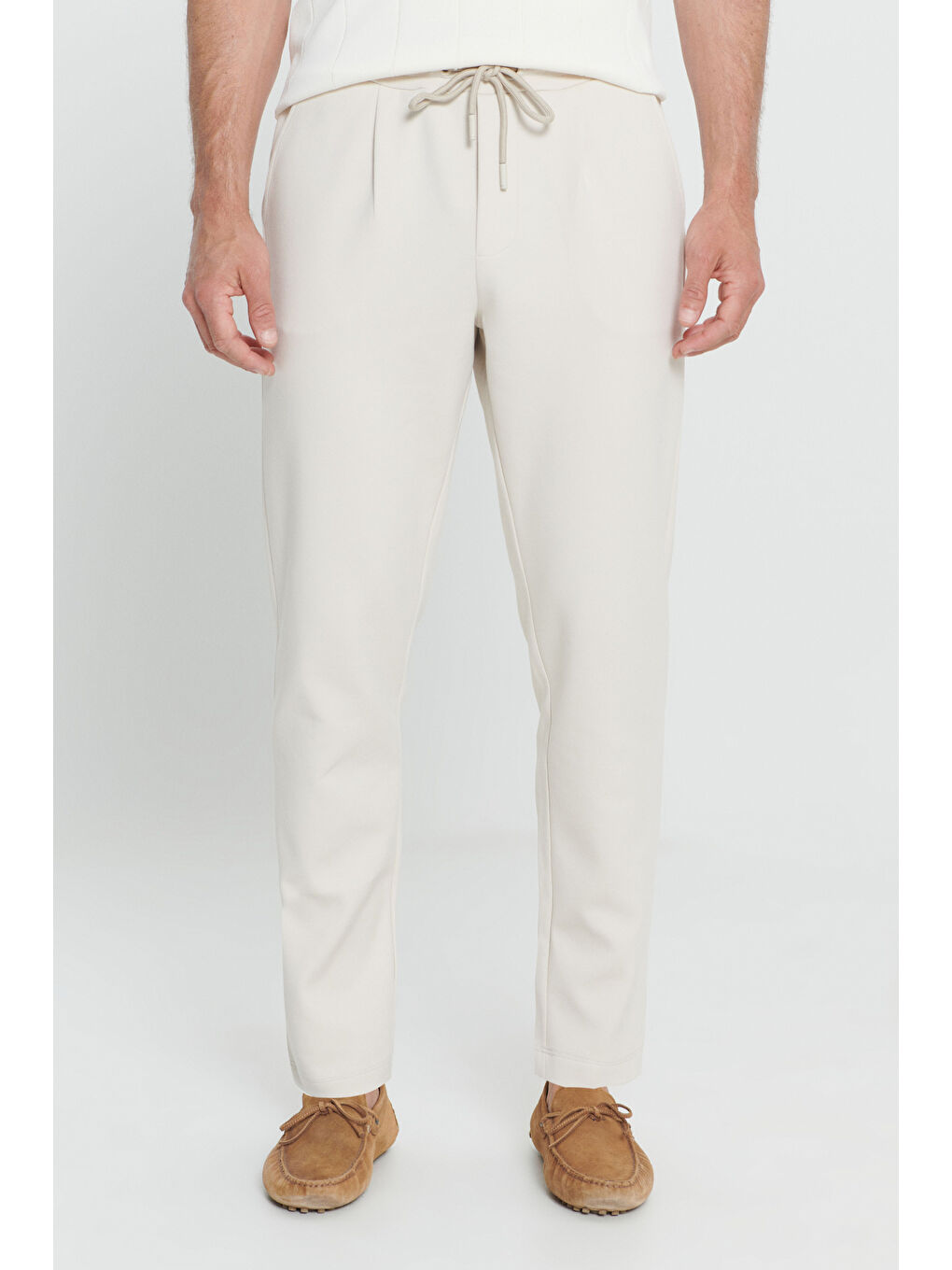 Erkek Bej Slim Fit Dar Kesim Pamuklu Yan Cepli Örme Pantolon