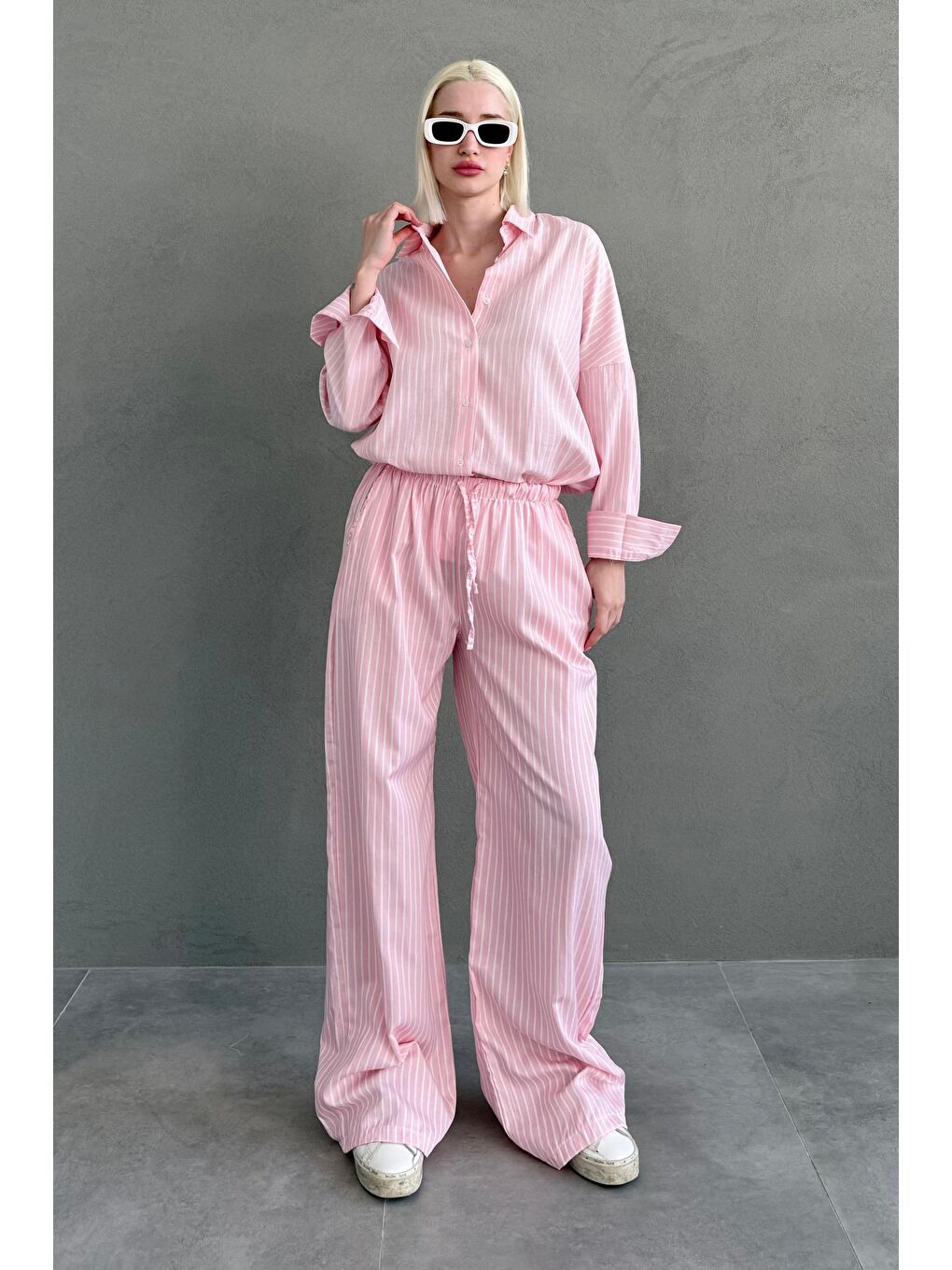 Pembe Çizgili Gömlek Pantolon Kadın Takım Mg2457-3
