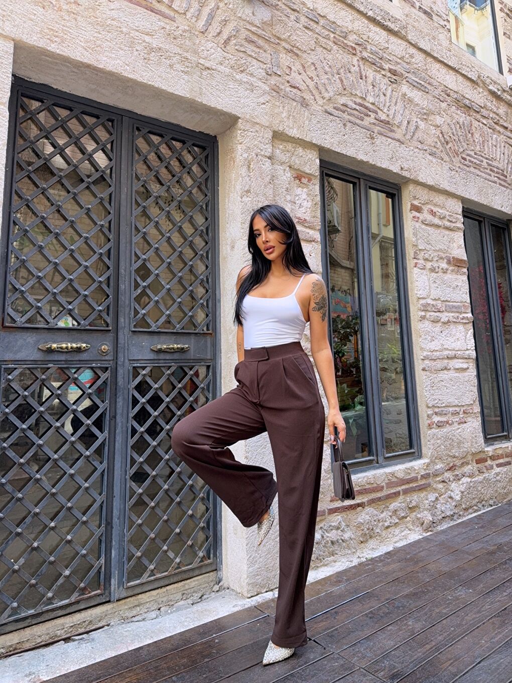 Kahverengi Elastanlı Cırtlı Palazzo Pantolon-3