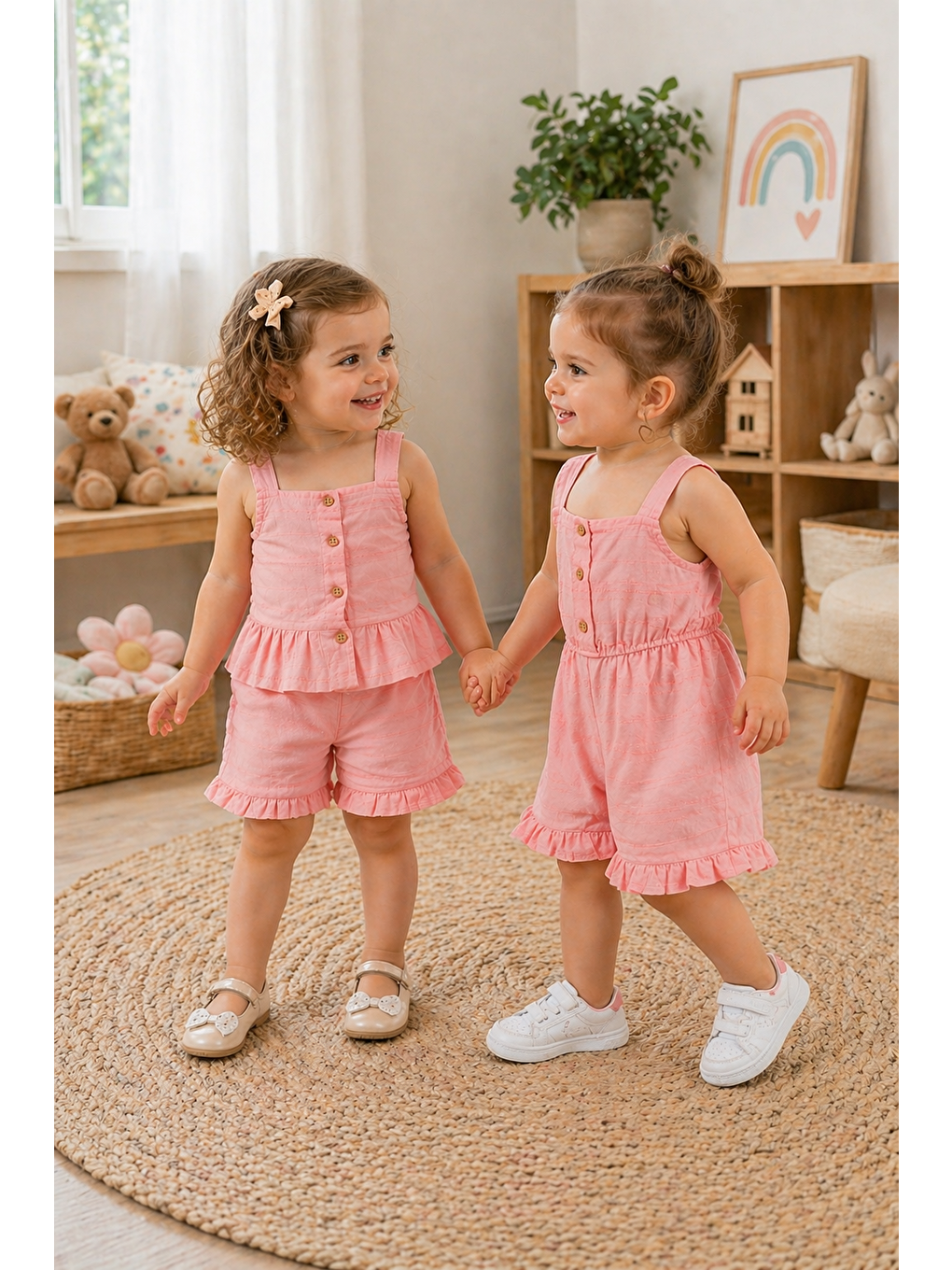 Pembe Kız Bebek Keten Kumaş Alt-Üst Takım-Keten Kumaş Tulum %100 Pamuklu (2'li Paket)-1