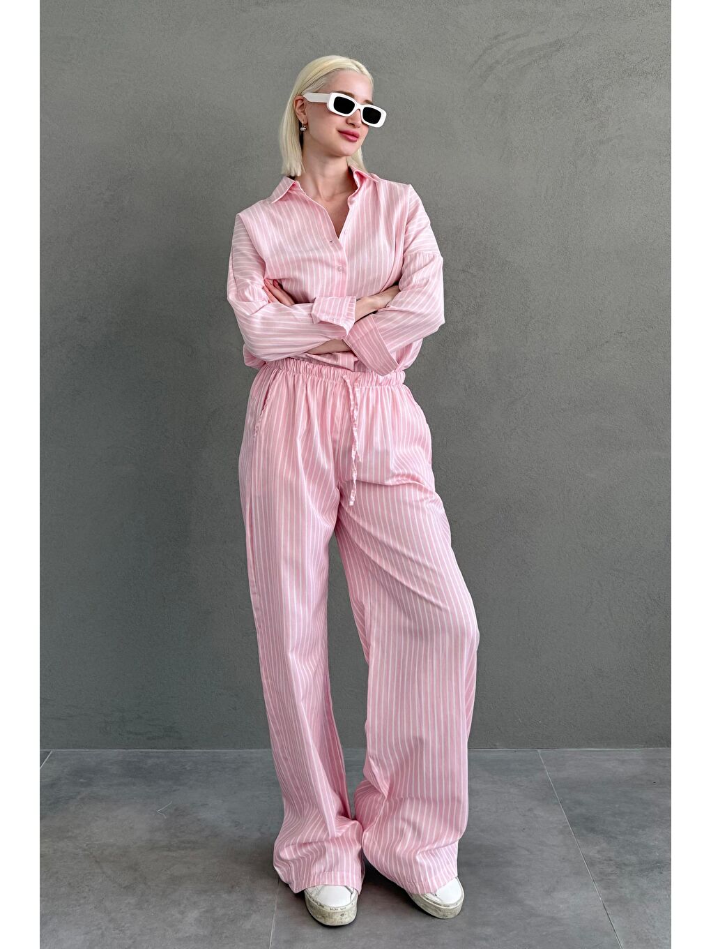 Pembe Çizgili Gömlek Pantolon Kadın Takım Mg2457-4