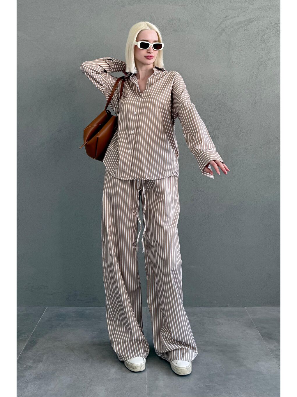 Kahverengi Camel Çizgili Gömlek Pantolon Kadın Takım Mg2457