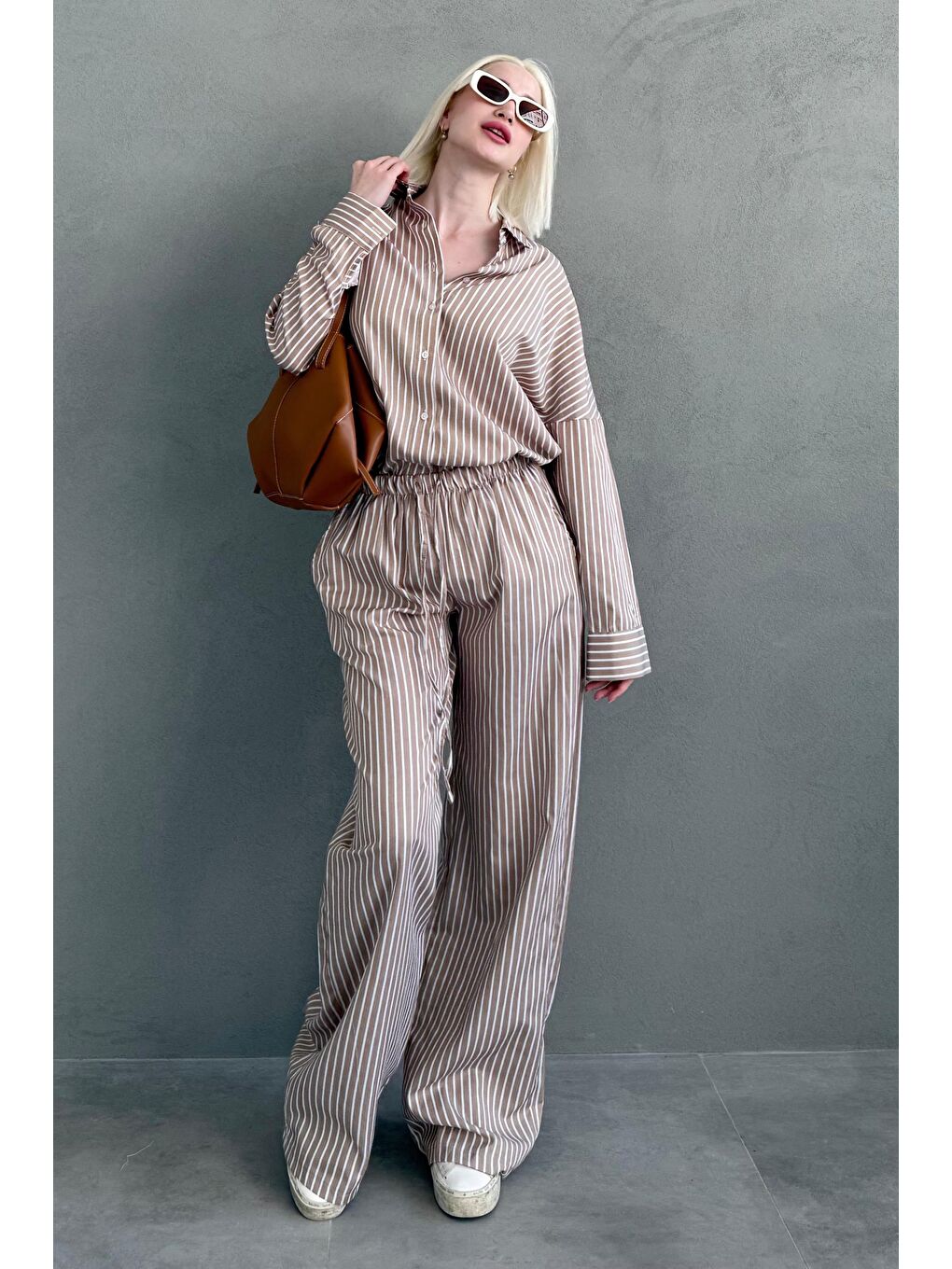 Kahverengi Camel Çizgili Gömlek Pantolon Kadın Takım Mg2457-1