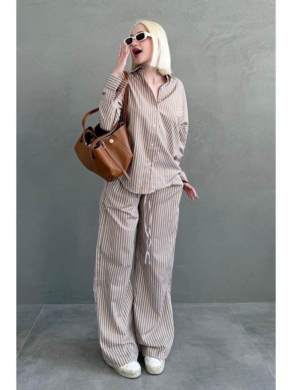 Kahverengi Camel Çizgili Gömlek Pantolon Kadın Takım Mg2457-2