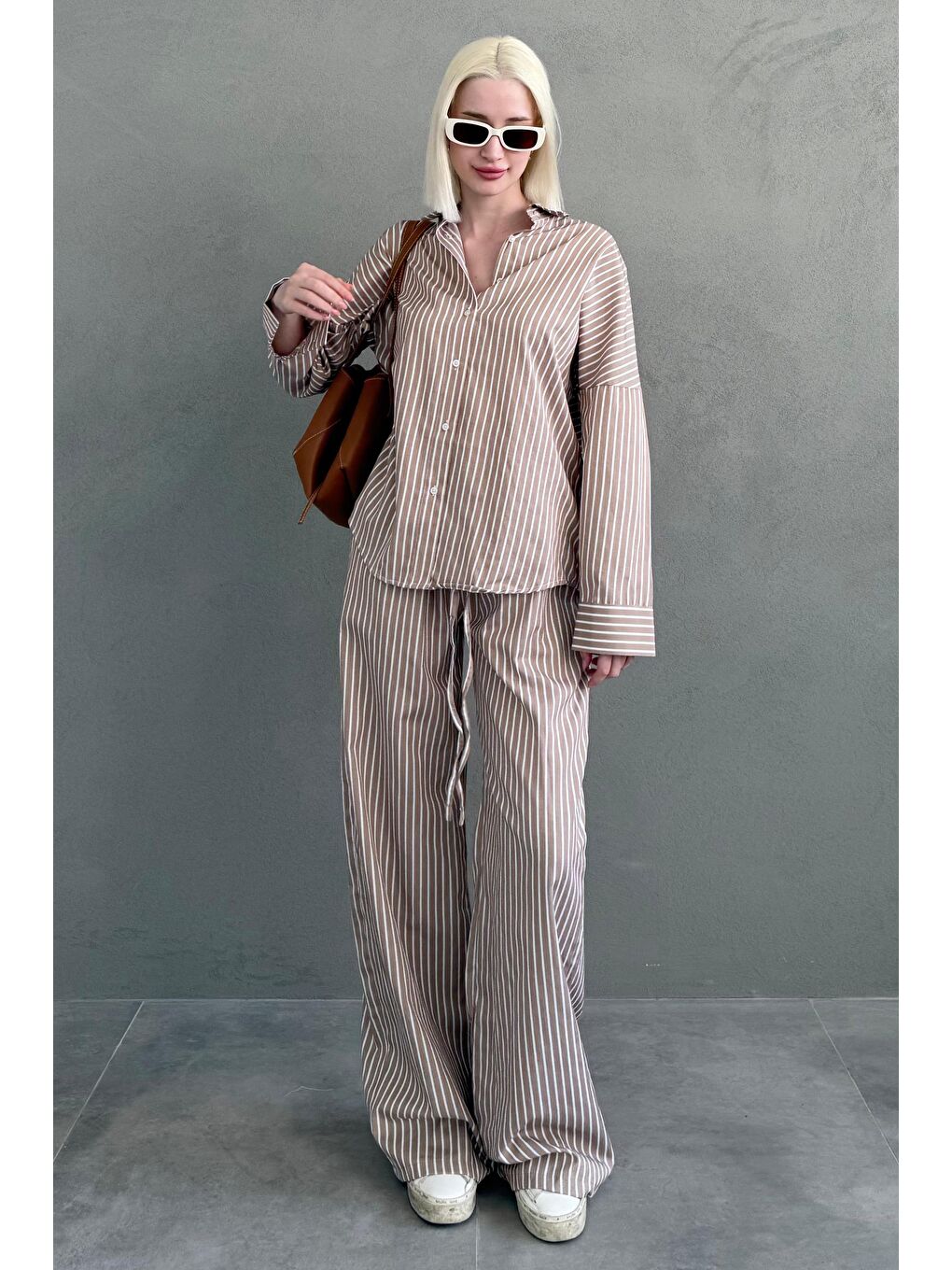 Kahverengi Camel Çizgili Gömlek Pantolon Kadın Takım Mg2457-3