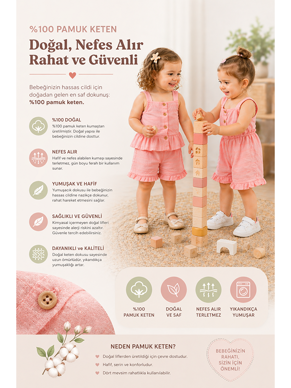 Pembe Kız Bebek Keten Kumaş Alt-Üst Takım-Keten Kumaş Tulum %100 Pamuklu (2'li Paket)-2