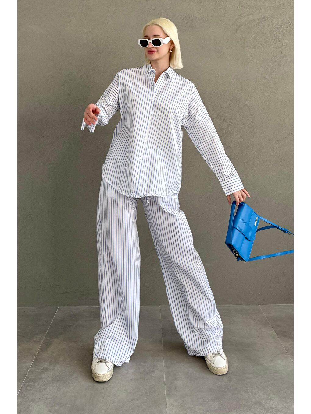 Beyaz Çizgili Gömlek Pantolon Kadın Takım Mg2457-2