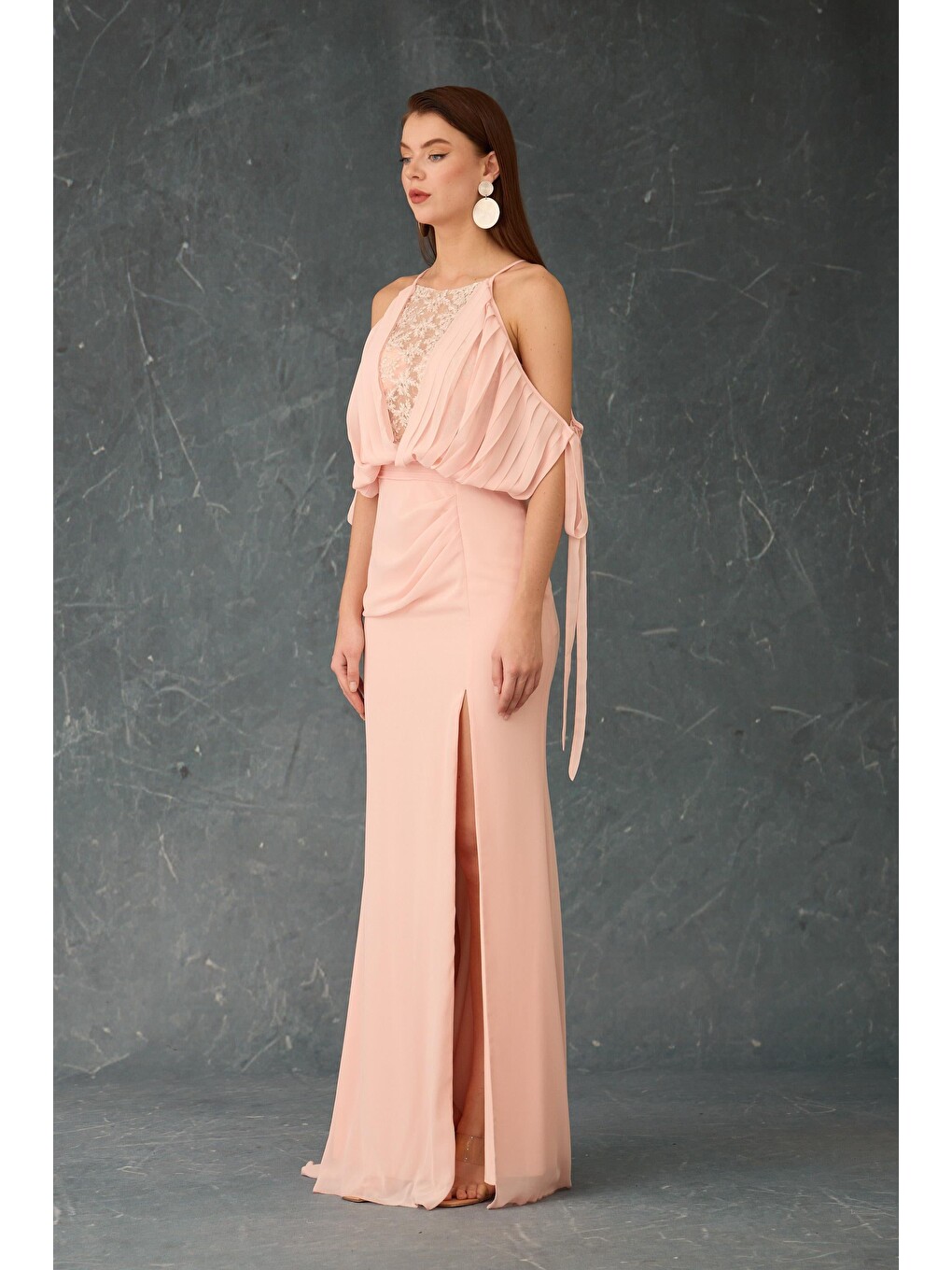 Pembe Pudra İçi Dantelli Şifon Abiye Elbise-3