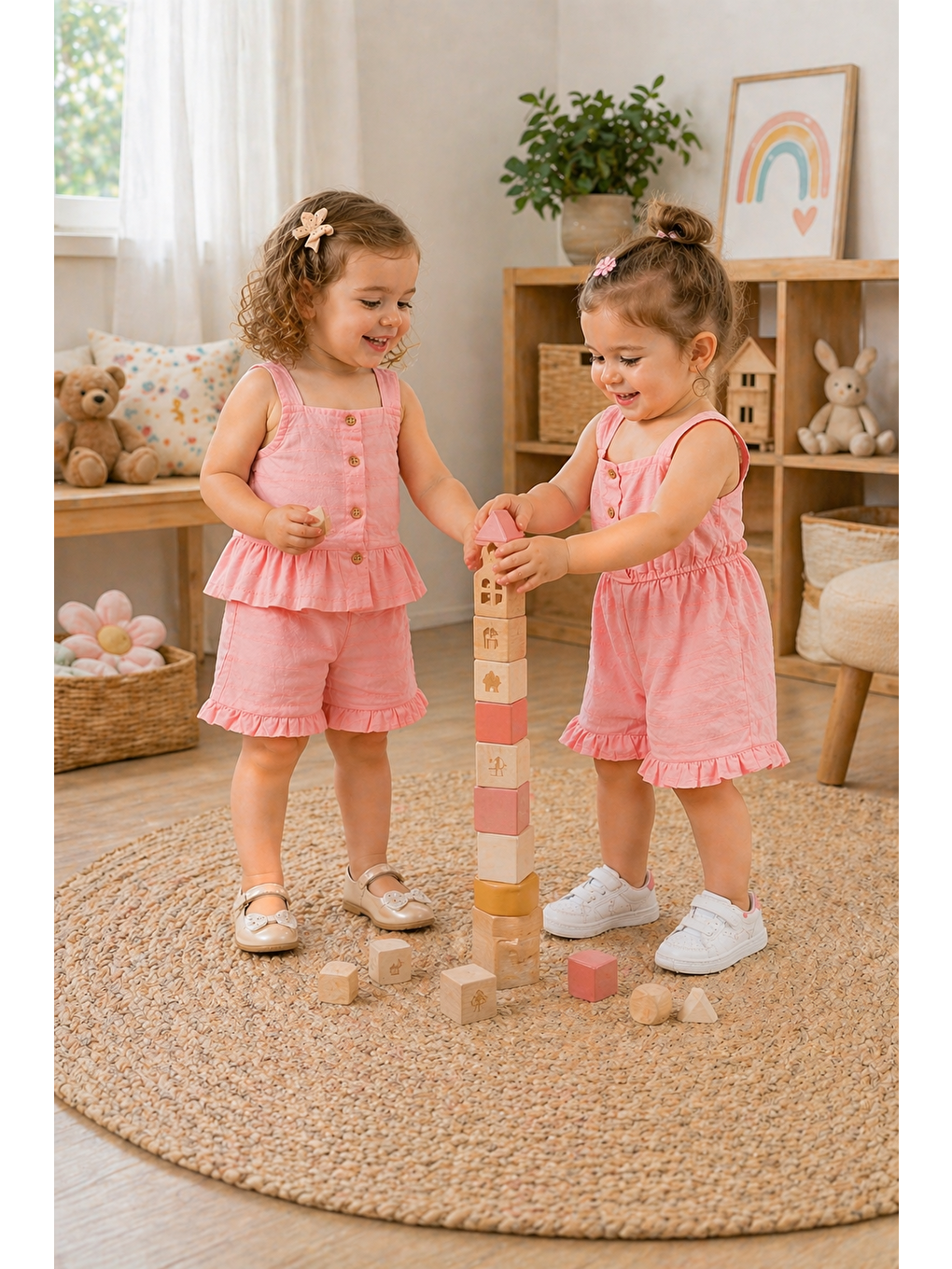 Pembe Kız Bebek Keten Kumaş Alt-Üst Takım-Keten Kumaş Tulum %100 Pamuklu (2'li Paket)-3