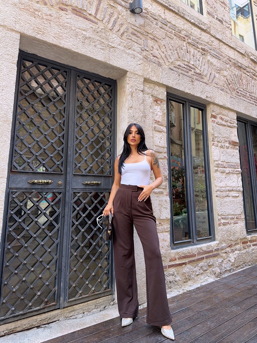 Kahverengi Elastanlı Cırtlı Palazzo Pantolon-4