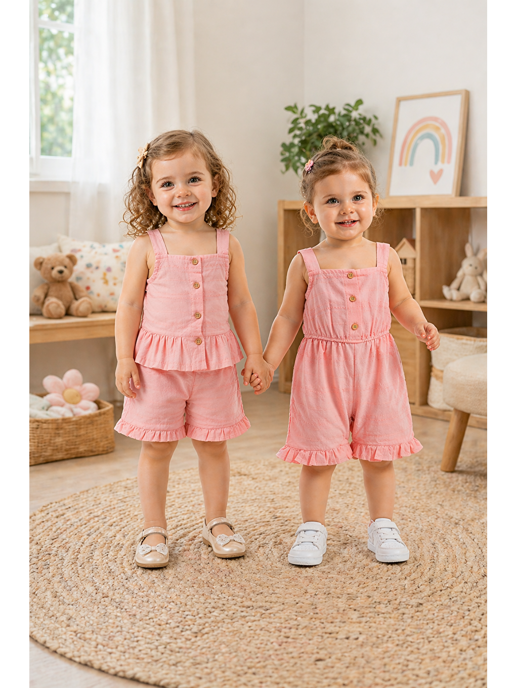 Pembe Kız Bebek Keten Kumaş Alt-Üst Takım-Keten Kumaş Tulum %100 Pamuklu (2'li Paket)-4