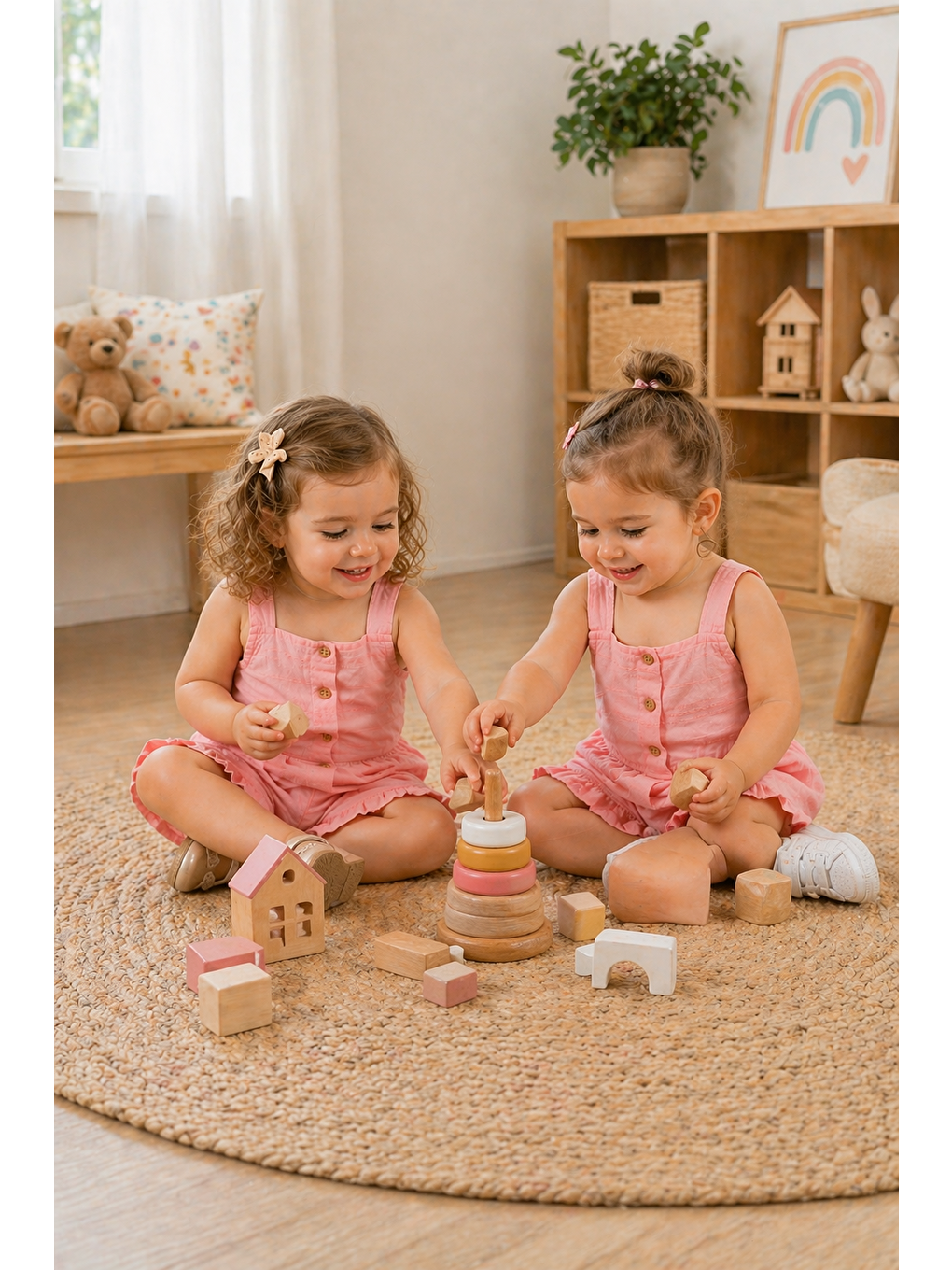 Pembe Kız Bebek Keten Kumaş Alt-Üst Takım-Keten Kumaş Tulum %100 Pamuklu (2'li Paket)-5