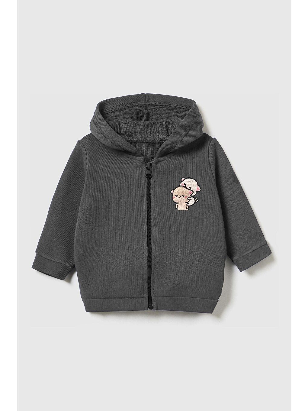 Unisex Çocuk %100 Pamuklu Kedi Nakışlı Kışlık Hırka  -Antrasit (3-4 yaş 8-9 Yaş)