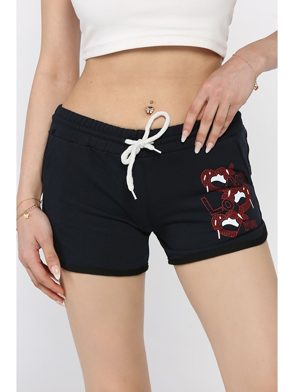 Lacivert Baskılı Kadın Mini Şort