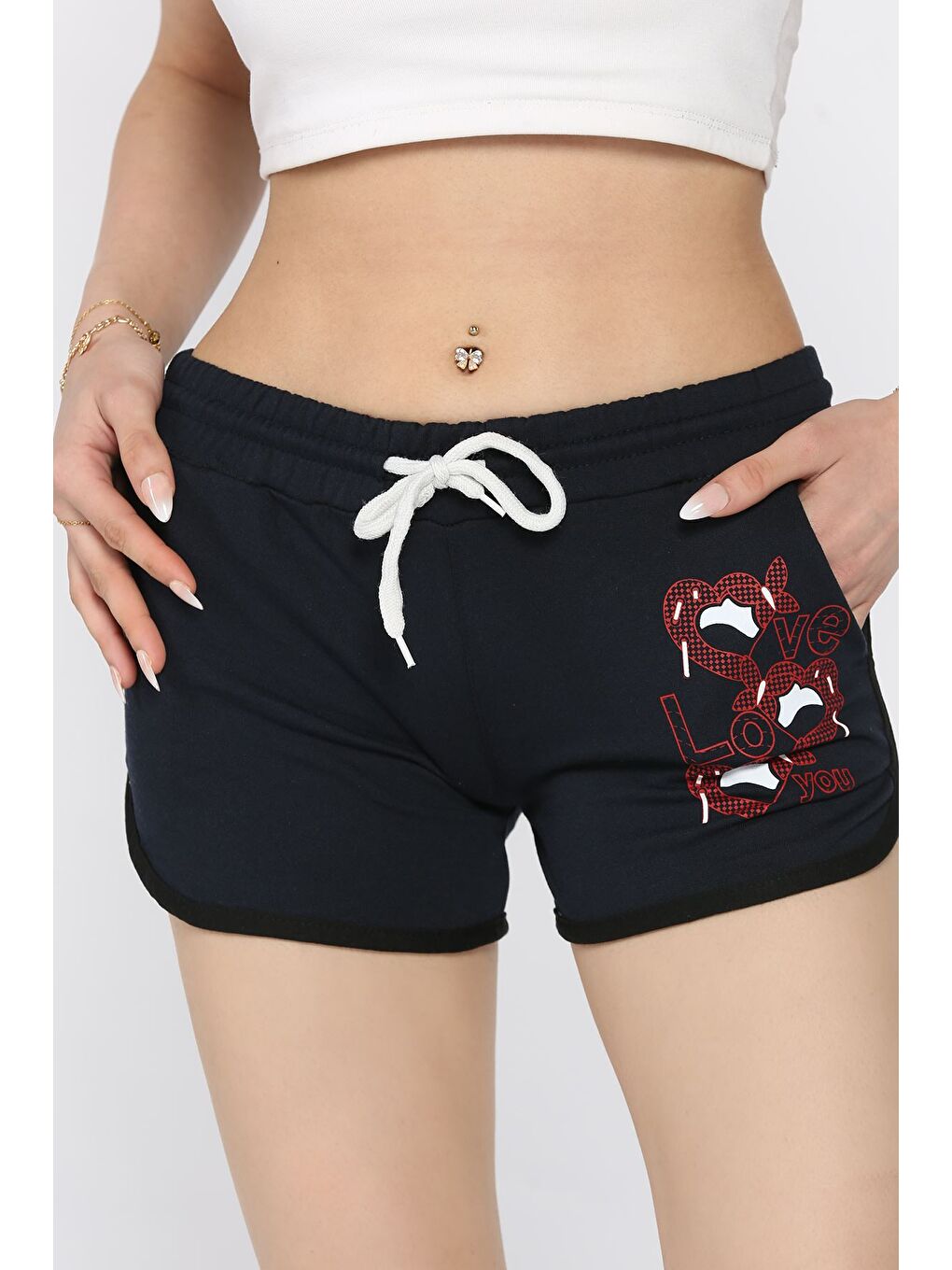 Lacivert Baskılı Kadın Mini Şort-1