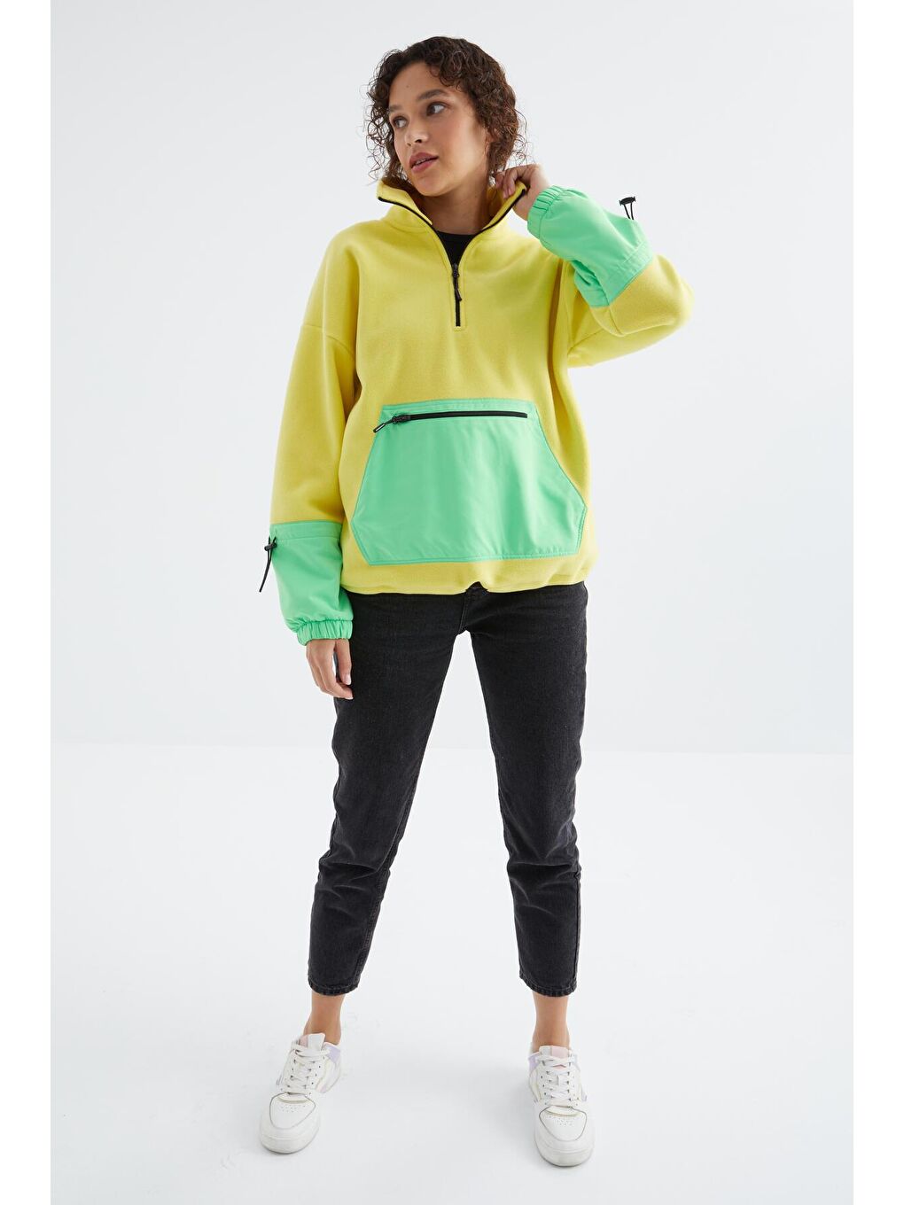 TOMMYLIFE Sarı Limon Etek Ucu Büzgülü Yarım Fermuarlı Oversize Kadın Polar Sweatshirt - 97238 - 1