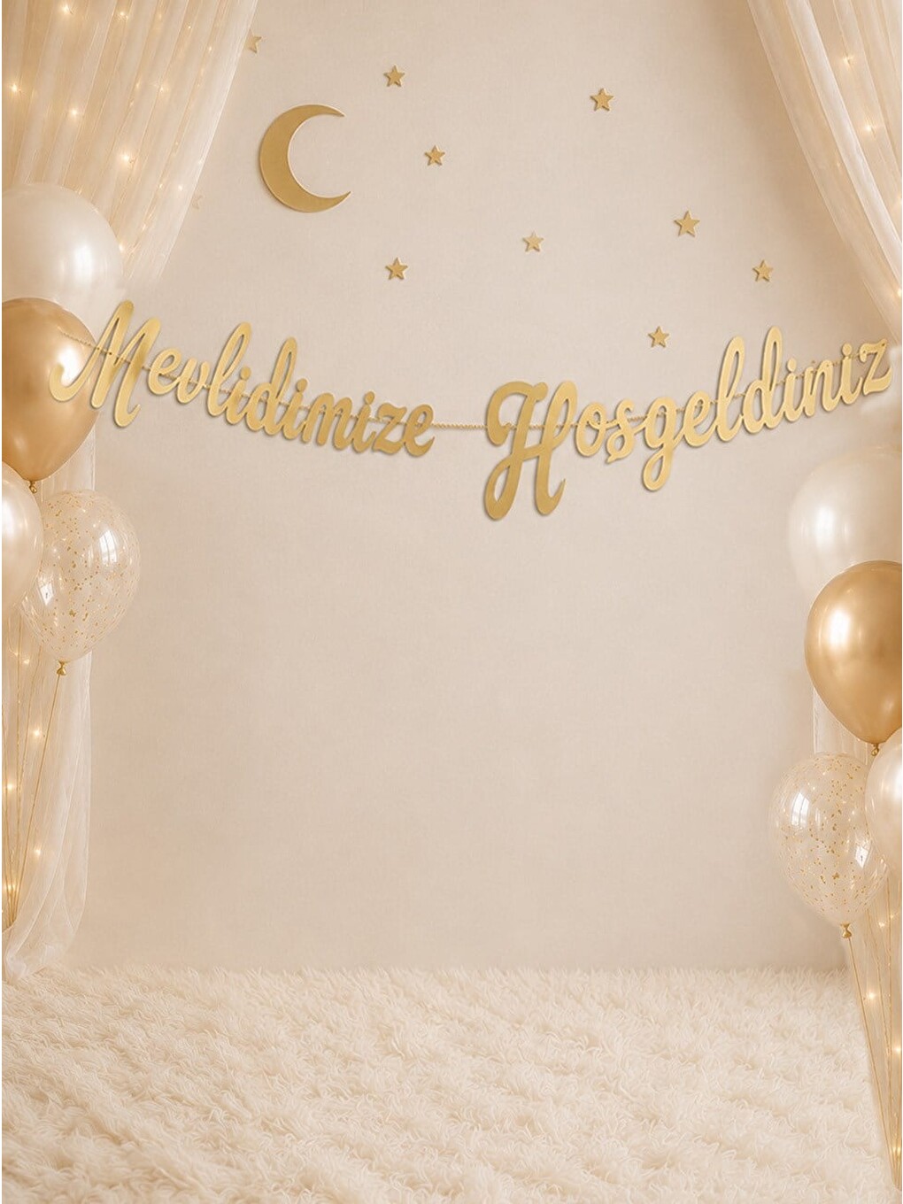 Sarı Mevlidimize Hoşgeldiniz Yazılı Kaligrafi Banner Dekoratif Süs Gold