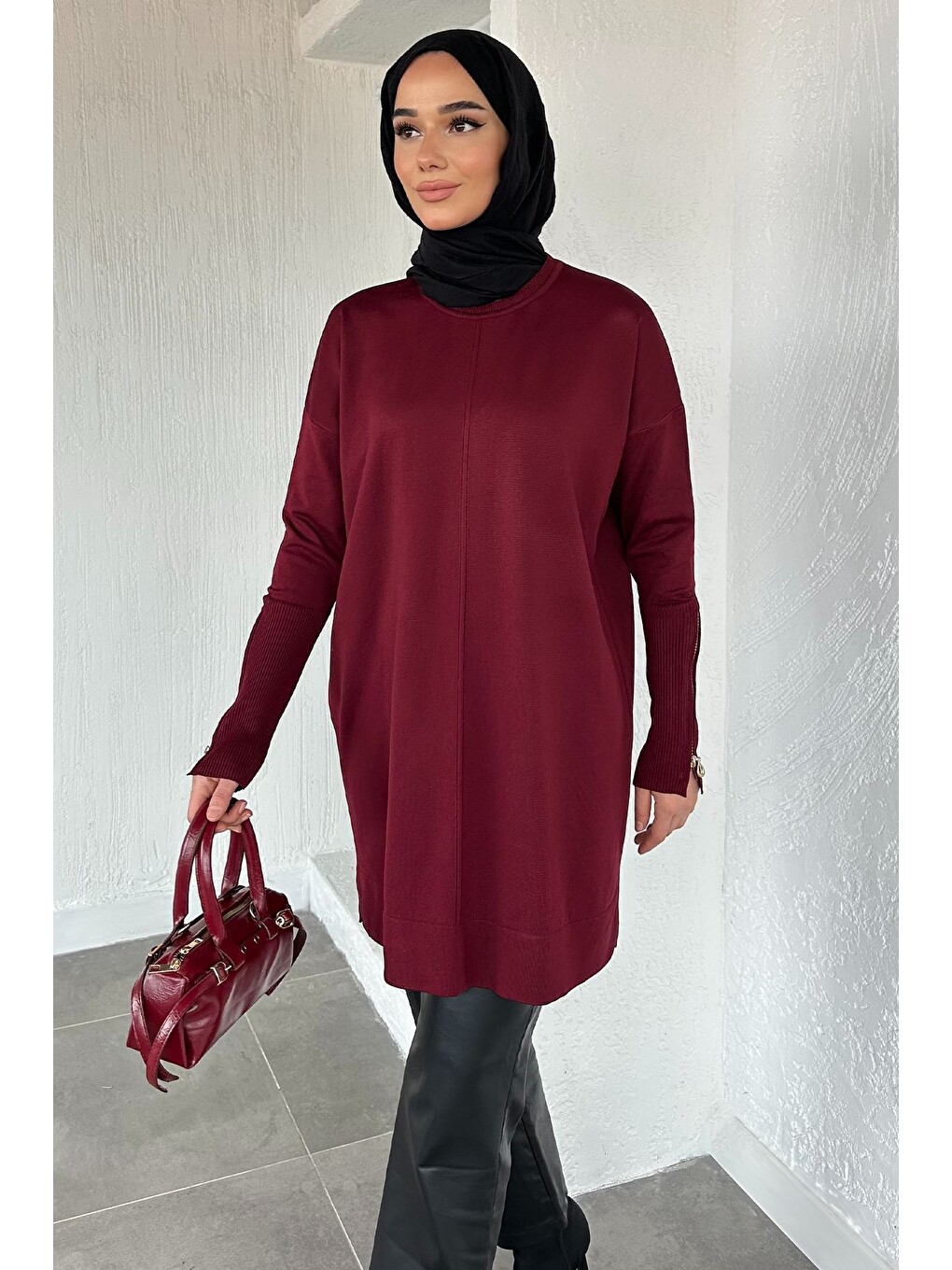 Bordo Gülseli Kol Fermuar Detaylı Tesettür Triko Tunik-2