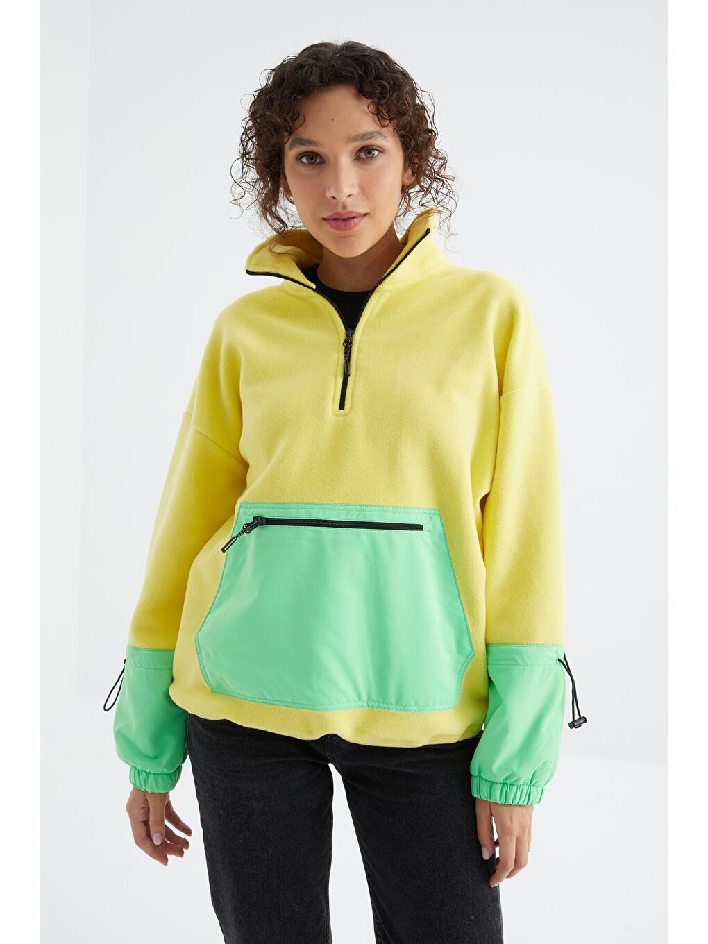 TOMMYLIFE Sarı Limon Etek Ucu Büzgülü Yarım Fermuarlı Oversize Kadın Polar Sweatshirt - 97238 - 2