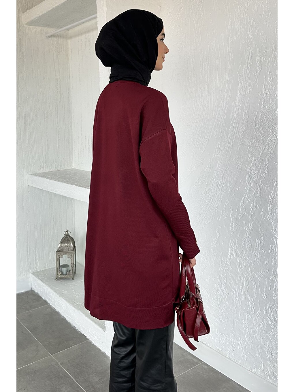 Bordo Gülseli Kol Fermuar Detaylı Tesettür Triko Tunik-6