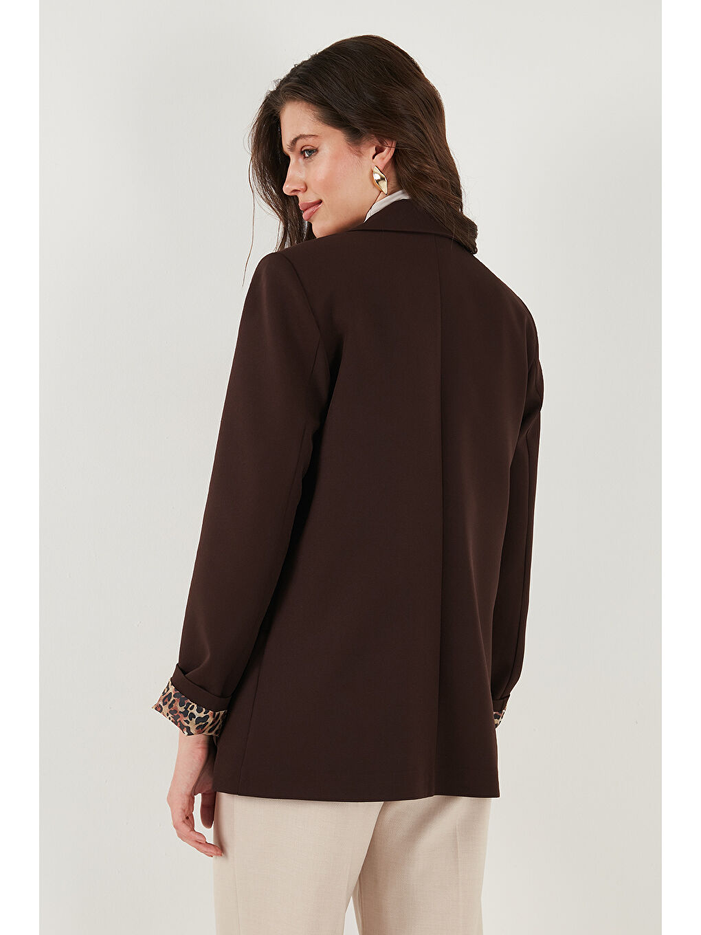 Kahverengi Standart Fit Mono Yaka Desenli Astar Detaylı Blazer Kadın Ceket 6524003-6