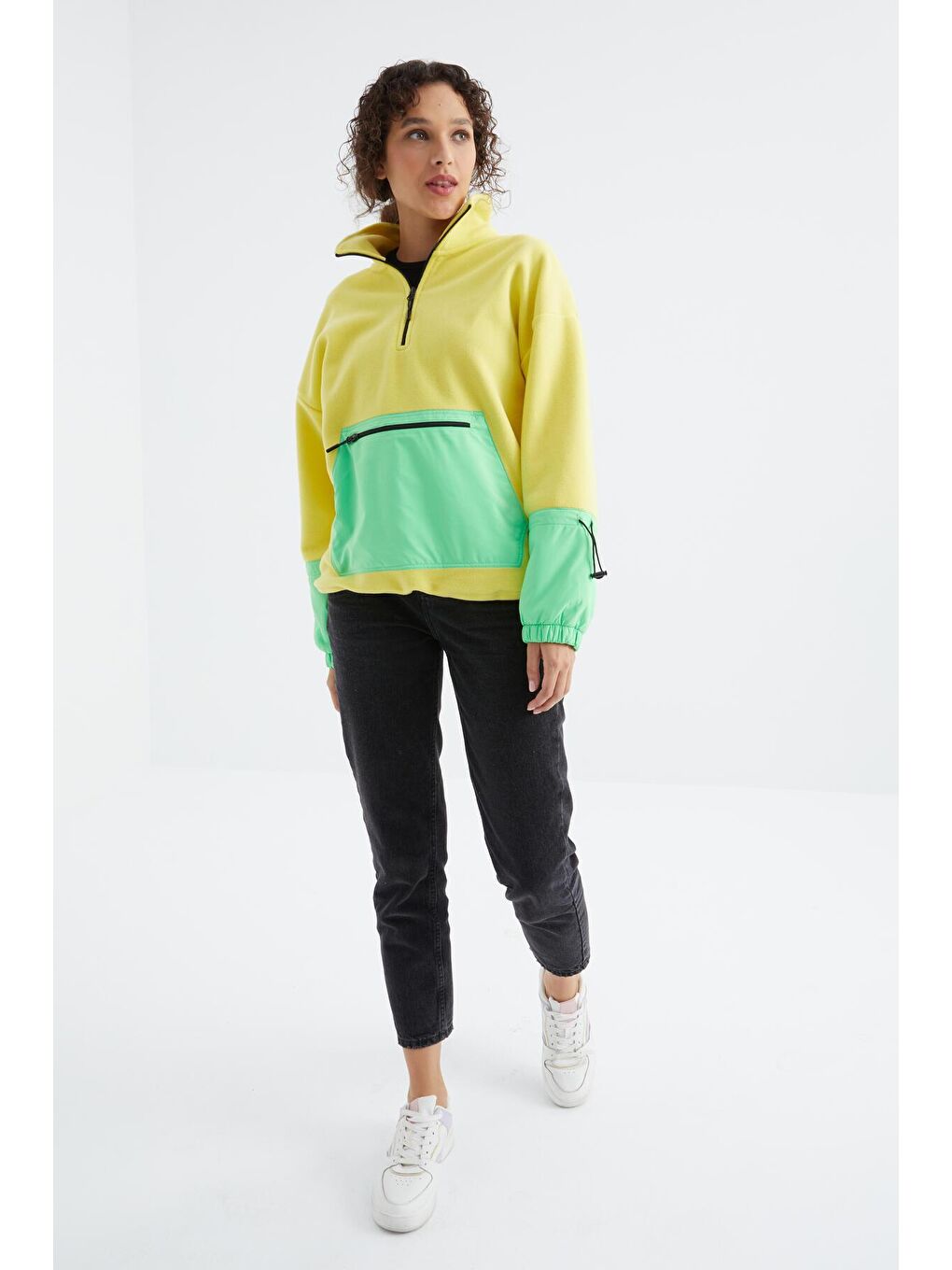 TOMMYLIFE Sarı Limon Etek Ucu Büzgülü Yarım Fermuarlı Oversize Kadın Polar Sweatshirt - 97238 - 3