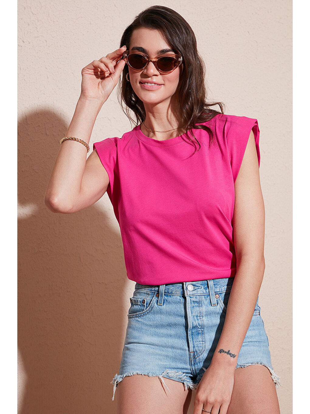 Fuşya % 100 Pamuklu Bisiklet Yaka Kolsuz Kadın T Shirt 5864019