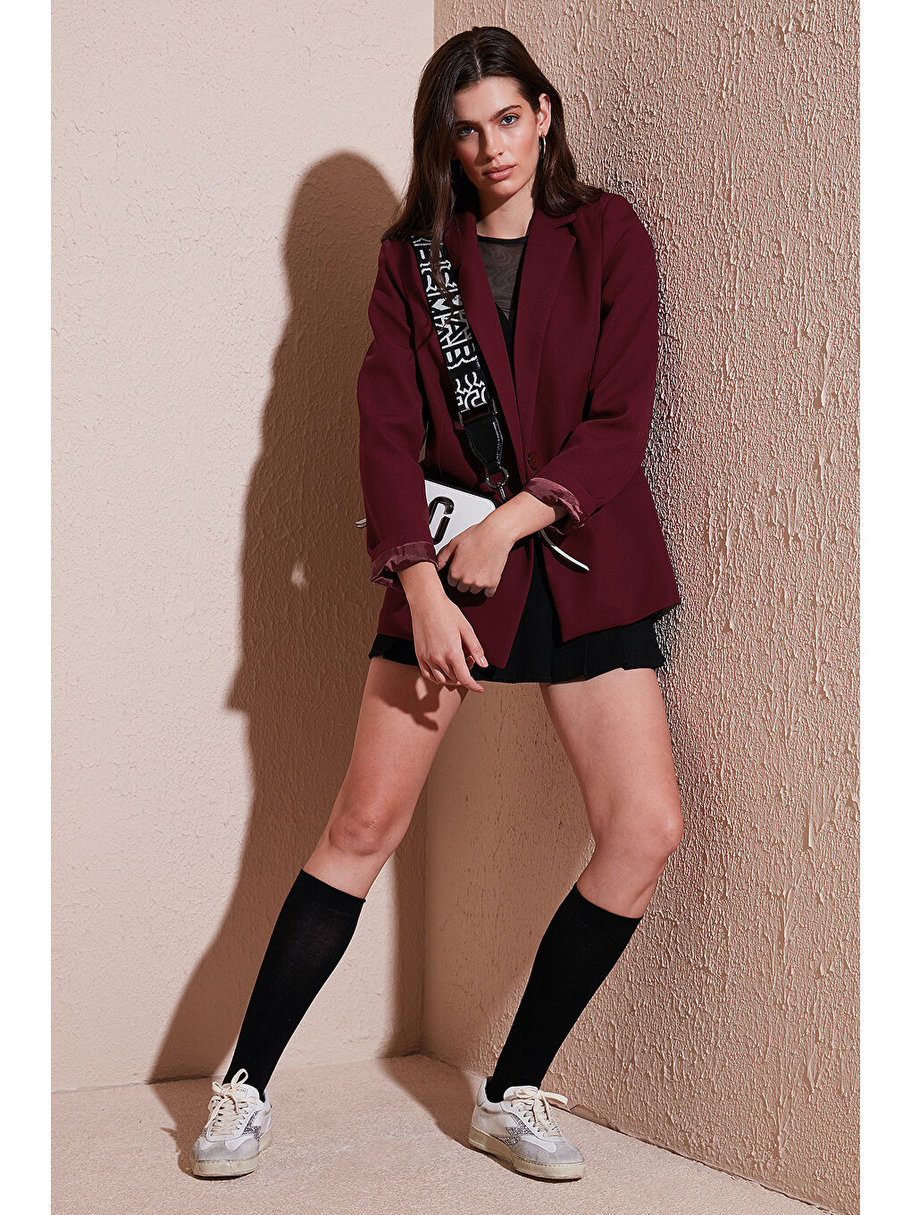 Bordo Standart Fit Mono Yaka Desenli Astar Detaylı Blazer Kadın Ceket 6524003