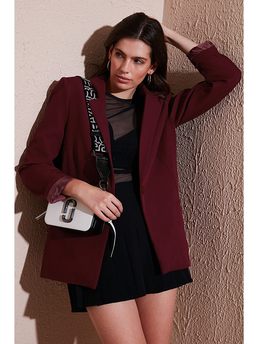 Bordo Standart Fit Mono Yaka Desenli Astar Detaylı Blazer Kadın Ceket 6524003-1