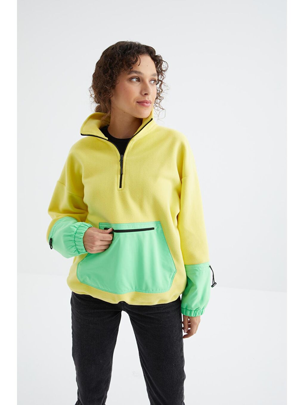 TOMMYLIFE Sarı Limon Etek Ucu Büzgülü Yarım Fermuarlı Oversize Kadın Polar Sweatshirt - 97238 - 4