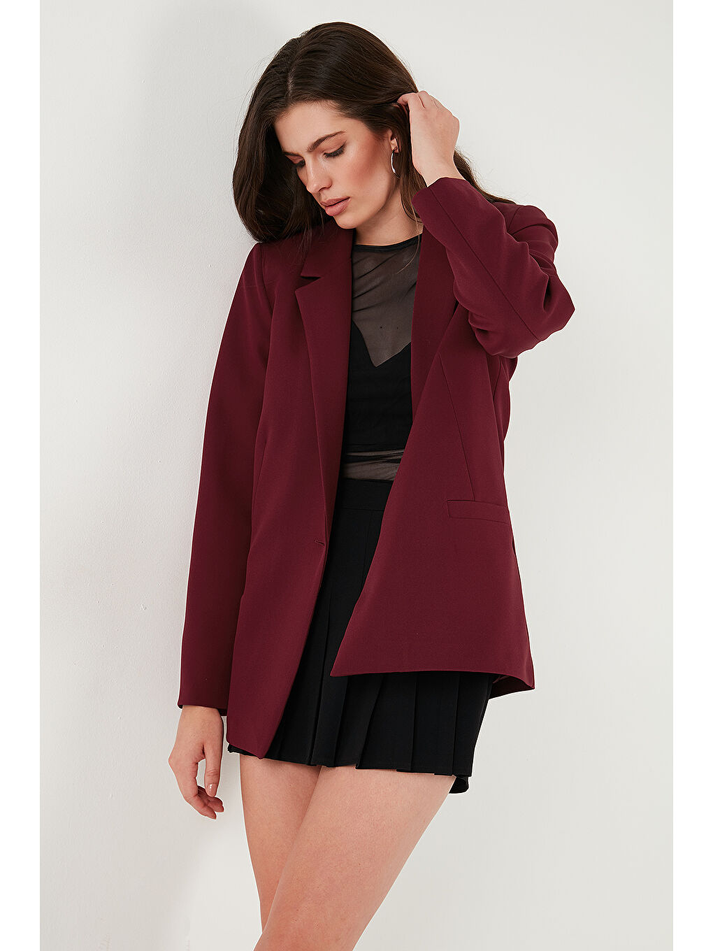 Bordo Standart Fit Mono Yaka Desenli Astar Detaylı Blazer Kadın Ceket 6524003-2