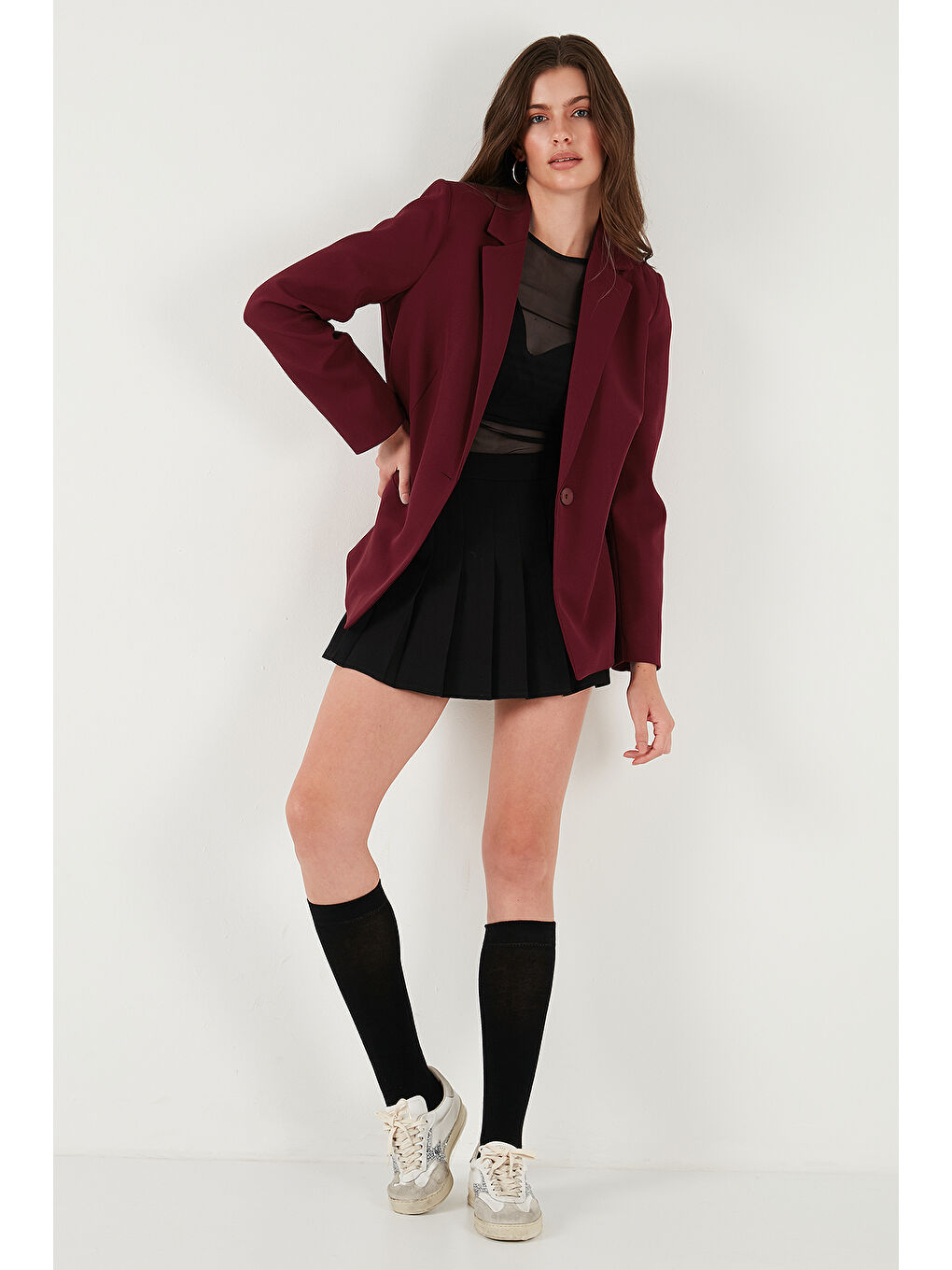 Bordo Standart Fit Mono Yaka Desenli Astar Detaylı Blazer Kadın Ceket 6524003-3