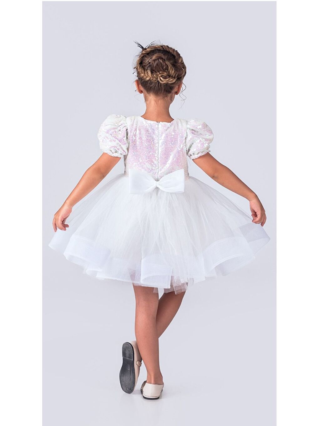 Beyaz Tütü Gren Etekli Kız Çocuk Pul Payetli Kısa Kol Kikidi Elbise MNK0601-9