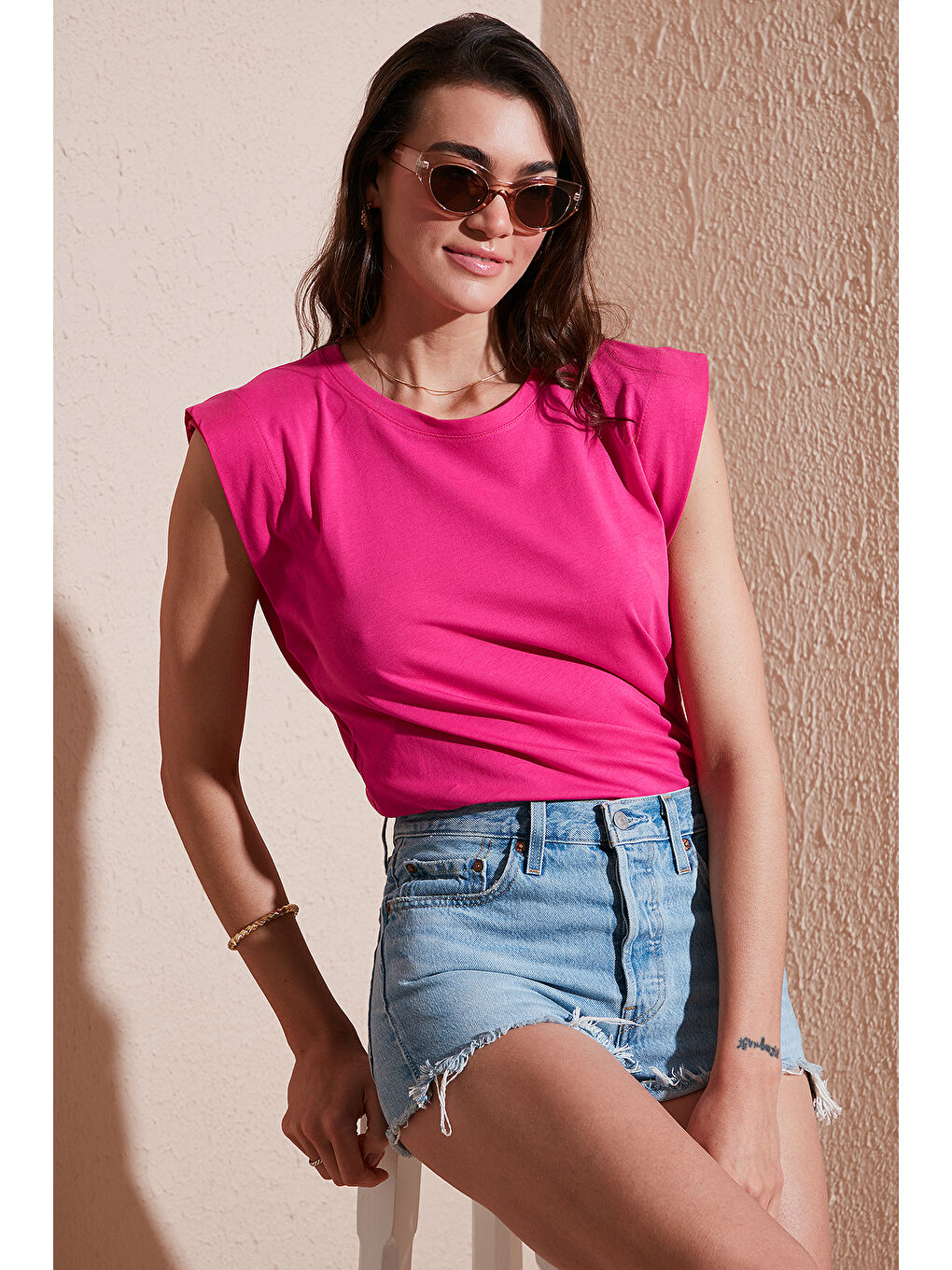 Fuşya % 100 Pamuklu Bisiklet Yaka Kolsuz Kadın T Shirt 5864019-1