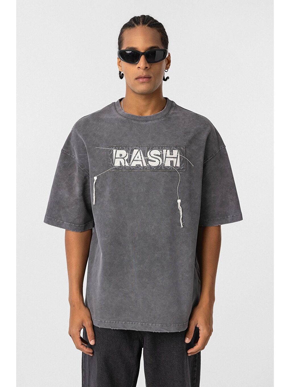 Gri Yıkamalı Oversize Baskılı Tişört Füme-2