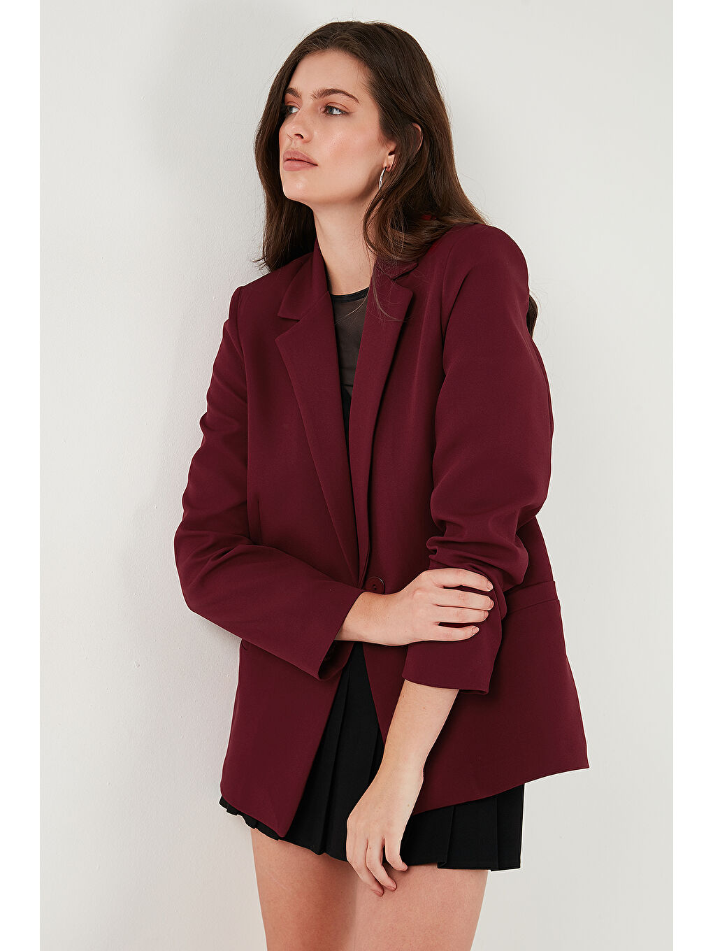 Bordo Standart Fit Mono Yaka Desenli Astar Detaylı Blazer Kadın Ceket 6524003-4
