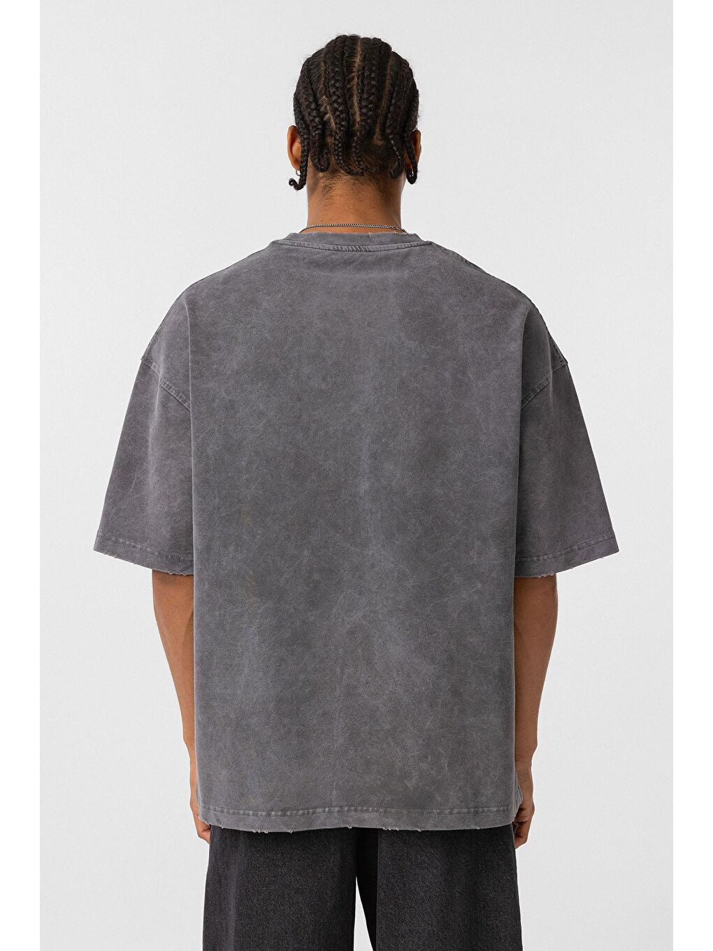 Gri Yıkamalı Oversize Baskılı Tişört Füme-4