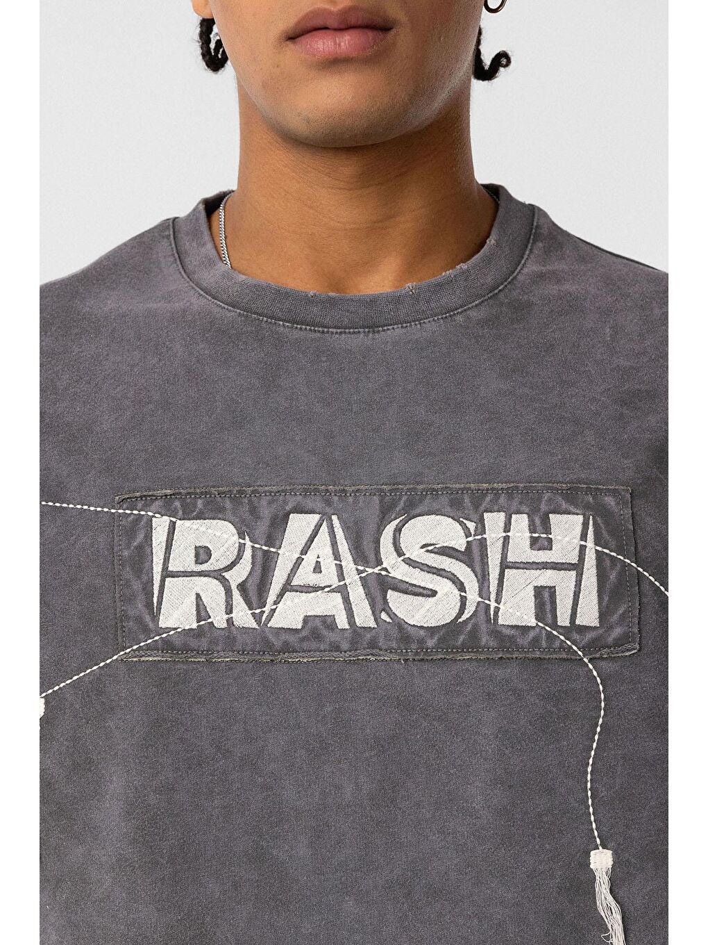 Gri Yıkamalı Oversize Baskılı Tişört Füme-5