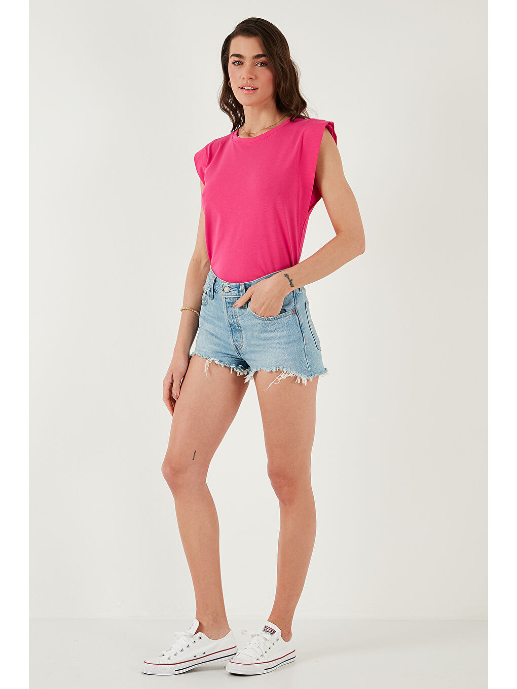 Fuşya % 100 Pamuklu Bisiklet Yaka Kolsuz Kadın T Shirt 5864019-2