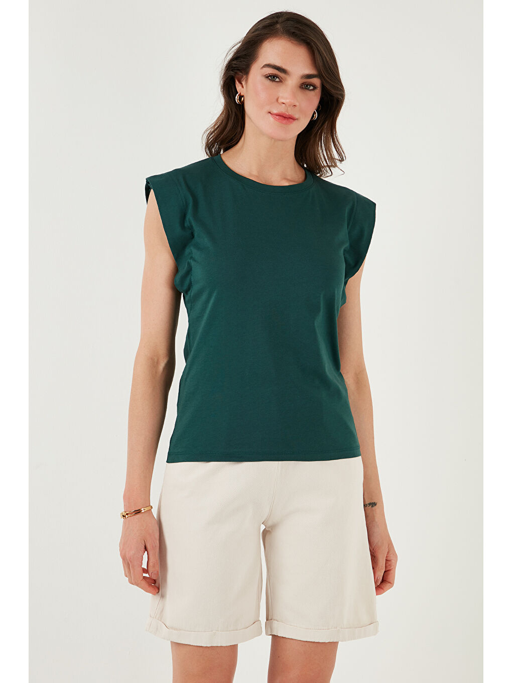 Yeşil % 100 Pamuklu Bisiklet Yaka Kolsuz Kadın T Shirt 5864019-2