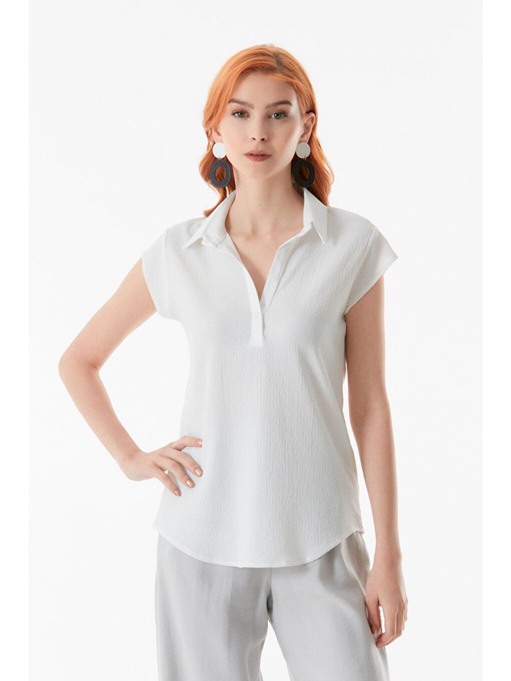 Ekru Basic Bürümcük Kumaş Gömlek Yaka Bluz