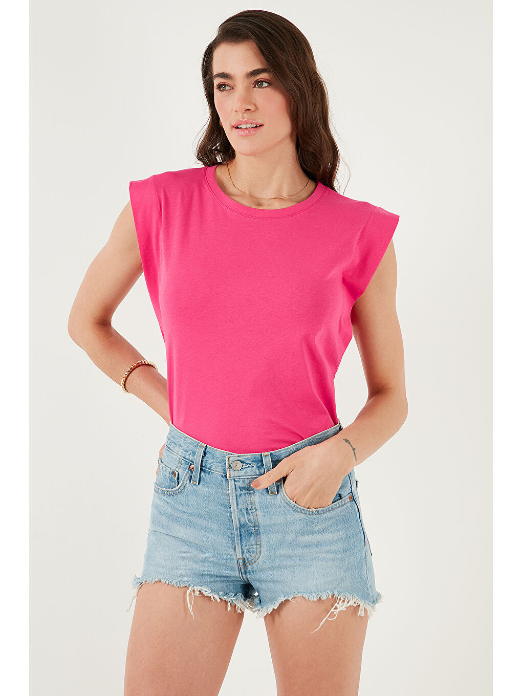 Fuşya % 100 Pamuklu Bisiklet Yaka Kolsuz Kadın T Shirt 5864019-3