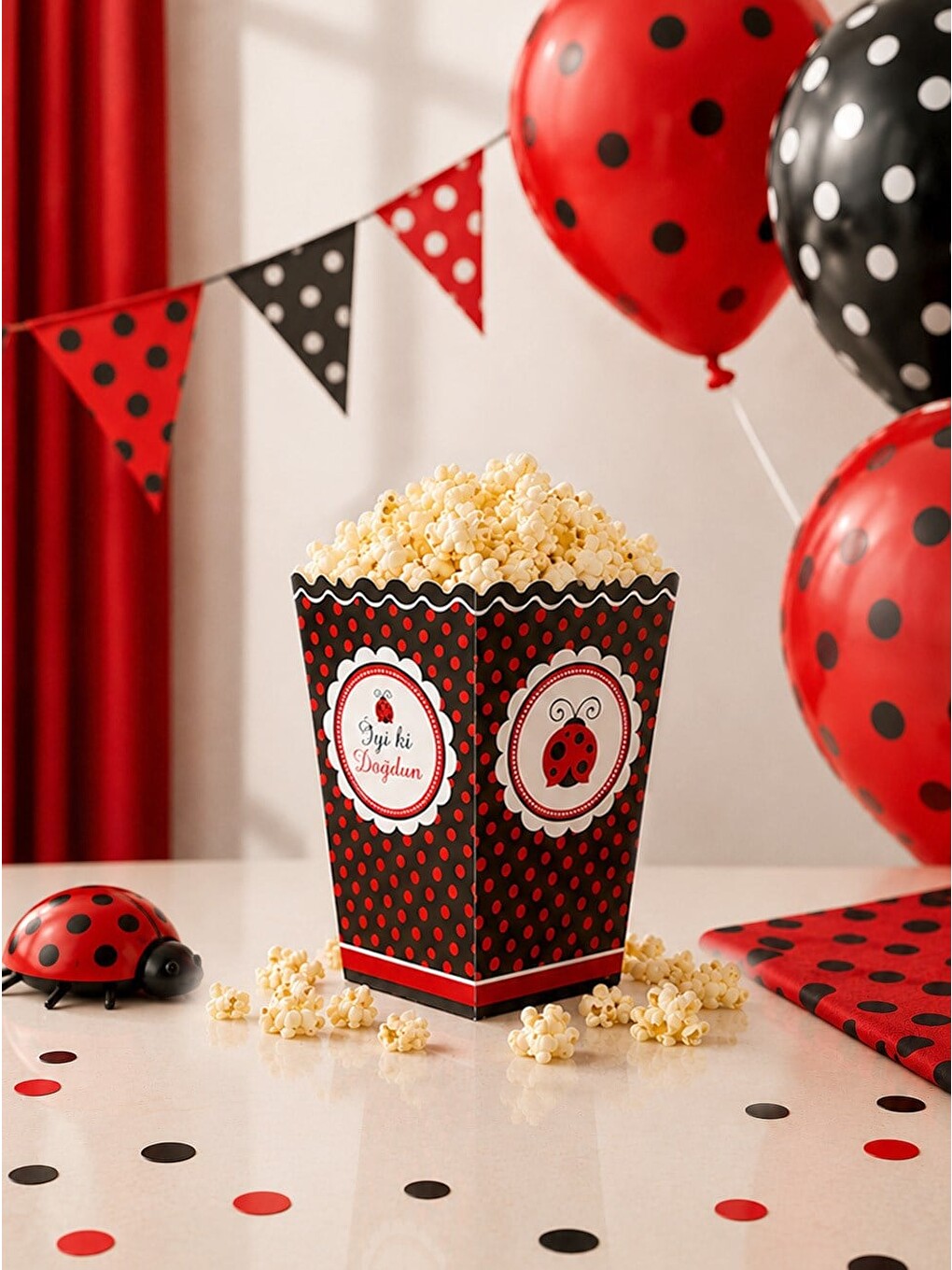 Kırmızı Uğur Böceği Temalı Karton Mısır Kutusu Popcorn Kutusu 8'li